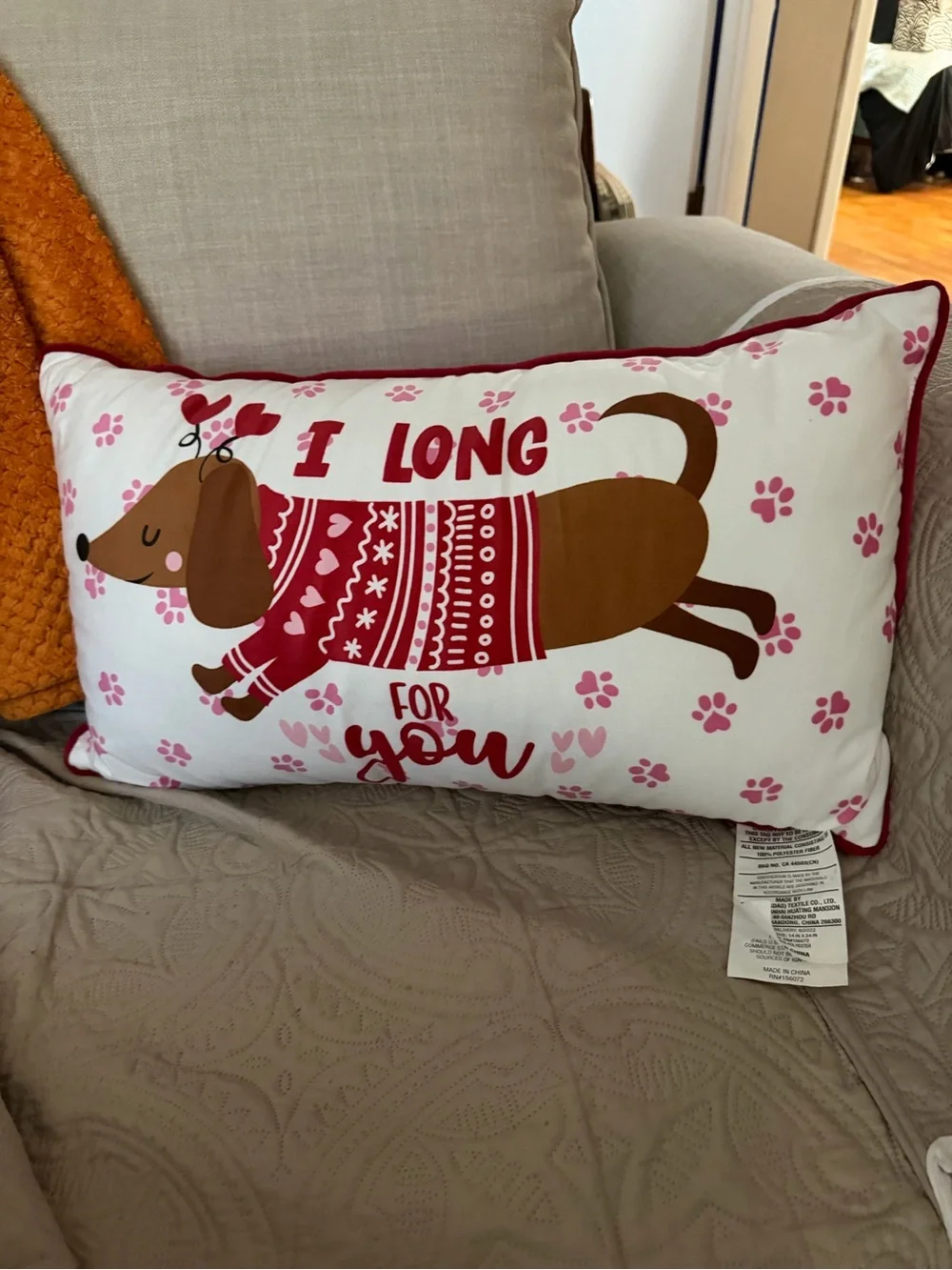 Dachshund Decorative Pillow - White and Pink